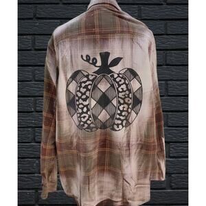 Plaid Pumpkin Bleached Flannel Shirt - Buffalo Check Size Medium